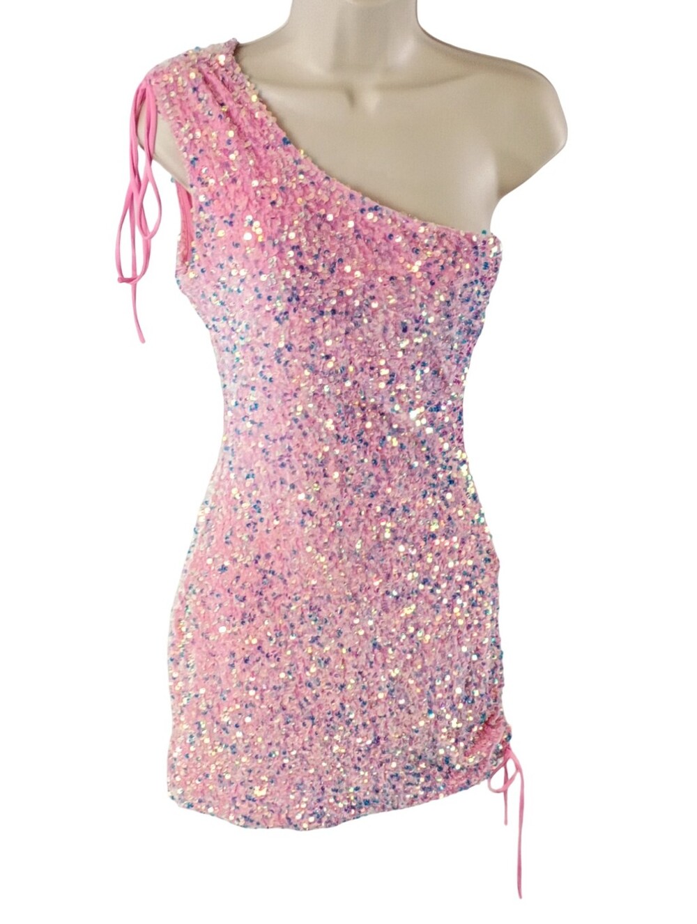 Lucy in the Sky One-Shoulder Pink Iridescent Sequin Mini Dress